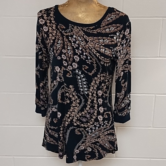 24/7 Tops - 24/7 BOHO COTTAGECORE NAVY FLORAL PRINT, 3/4 SLEEVE, SOFT, TEE SHIRT TUNIC